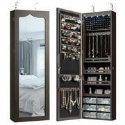 Gymax Wall Door Mounted Jewelry Cabinet Organizer LED Mirror Brown