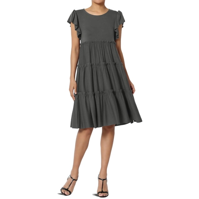 TheMoogan Women's PLUS Flutter Ruffle Cap Sleeve Tiered Jersey Babydoll A-Line Midi Day Dress