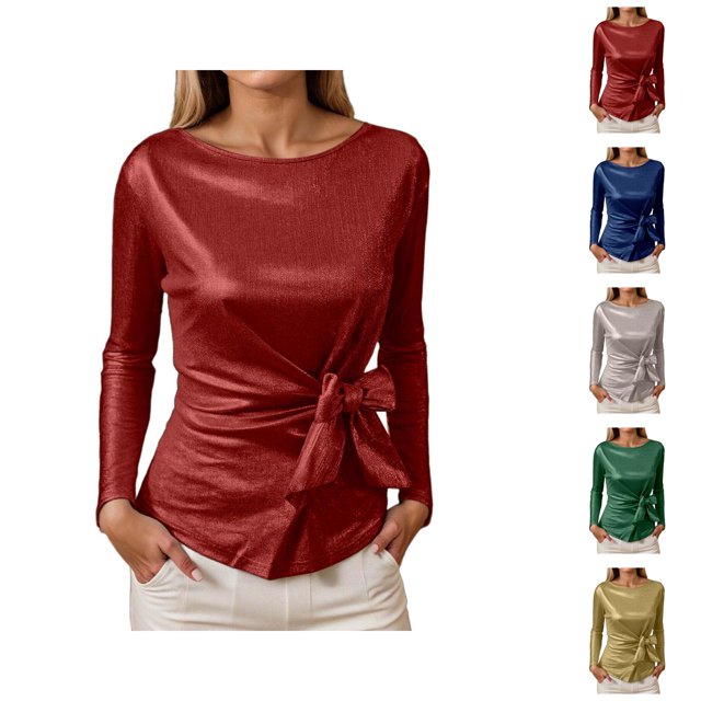 Metallic Tops for Women 2026 Spring Fashion Long Sleeve Crewneck Glitter Sparkle T Shirts Rave Outfit Clubwear