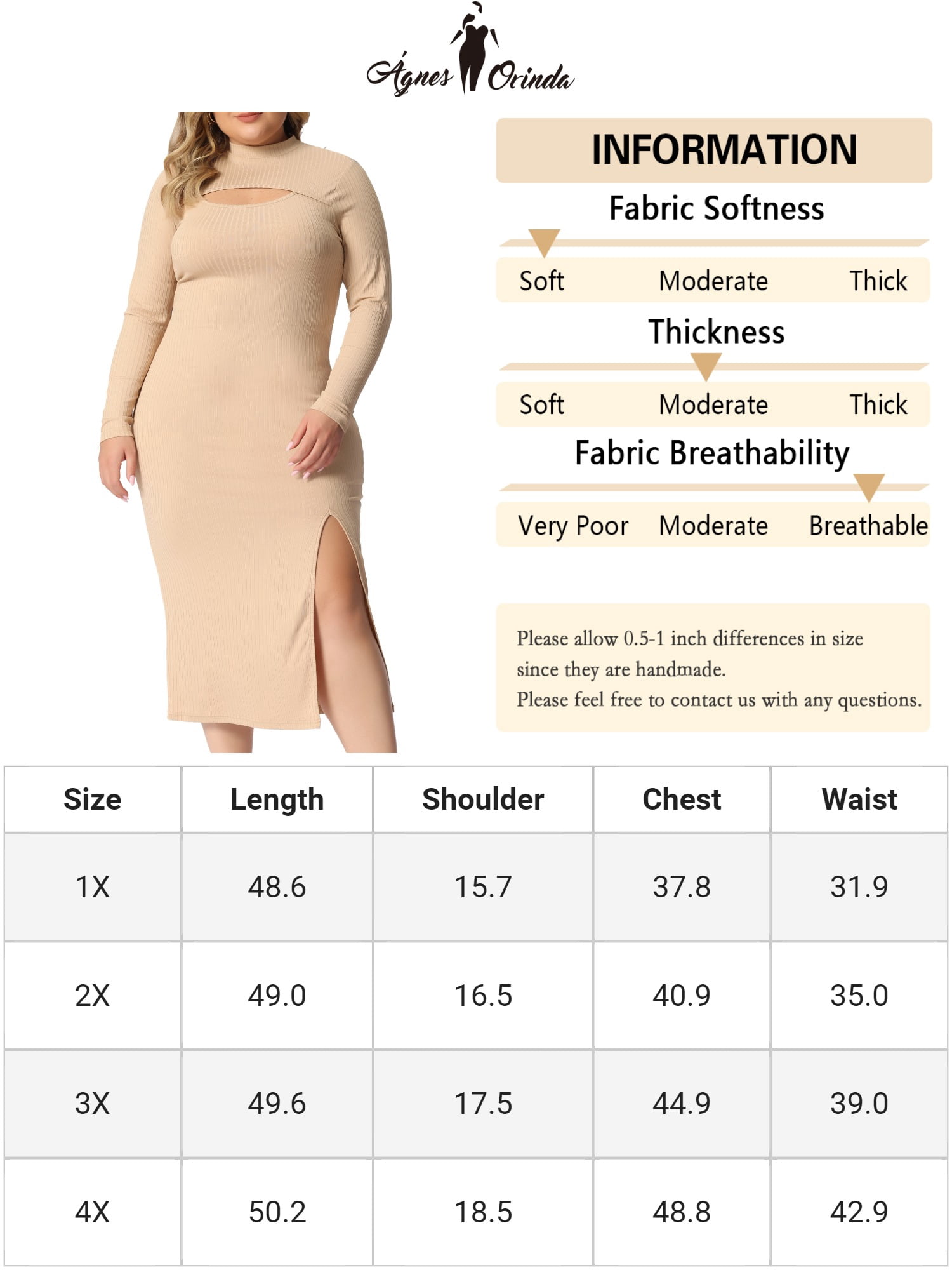 Unique Bargains Women's Plus Size Bodycon Dress Knee Slim Cut Out Dresses 4X Khaki