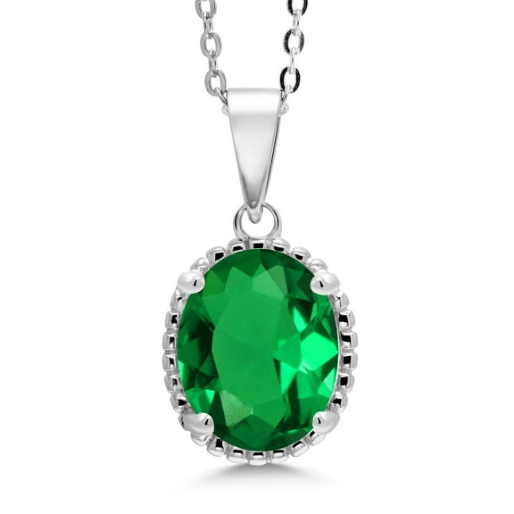 Gem Stone King 925 Sterling Silver Green Nano Emerald Pendant Necklace for Women (2.75 Cttw, Oval 11X9MM, Gemstone May Birthstone, with 18 inch Silver Chain)