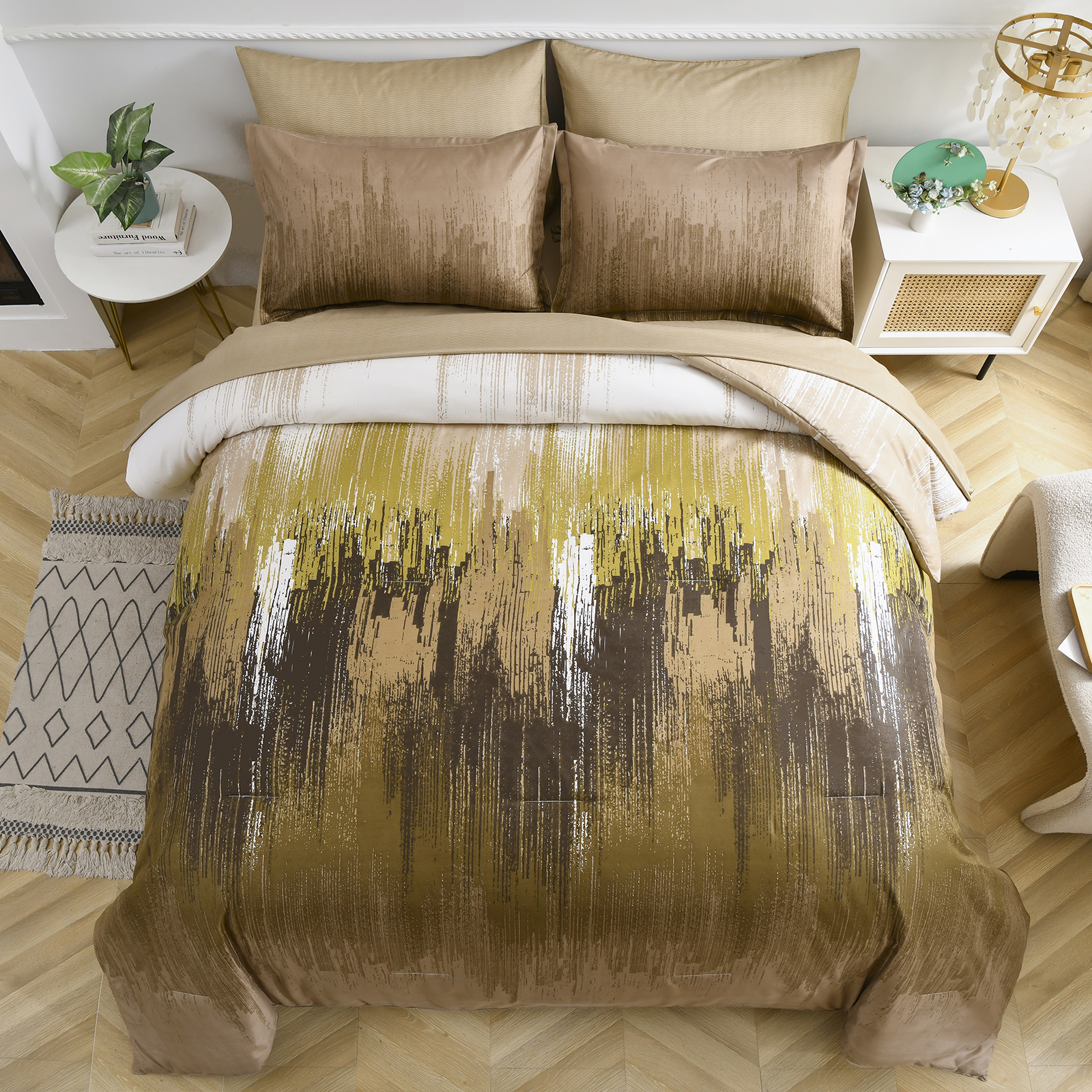 Dintszyayue Khaki Comforter Set King,7Pcs Abstract Gradient Soft Bed in a Bag Fitted Sheet Adult(90"x104")