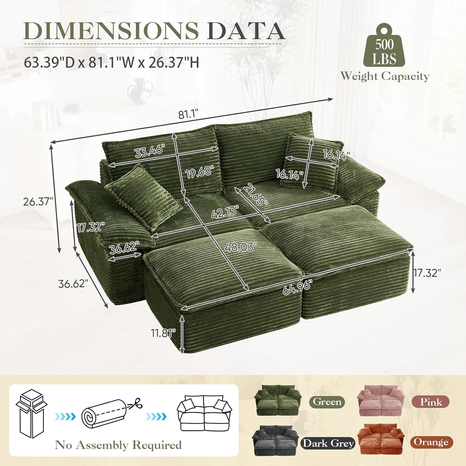 Aukfa 4-Piece Modular Sectional Sofa, Corduroy Convertible Double Chaise Lounge with Ottomans, Green