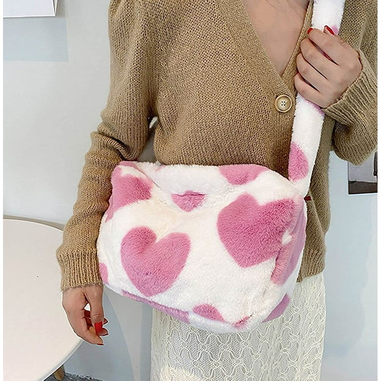 Youi-gifts Plush Clutch Handbag Faux Fur Tote Bag Fluffy Shoulder Bag Large Leopard Heart Flower Clutch Hobo Bag, Adult Unisex, Size: One size, Pink