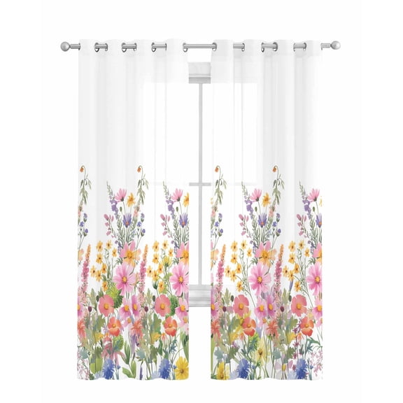 Pink Flowers Sheer Curtains 63 Inch Length 2 Panels Set for Living Room/Bedroom, Spring Floral Daisy Farmhouse Pastoral Botanical Kitchen Curtains Grommet Curtains Window Treatments 42"x63"x2