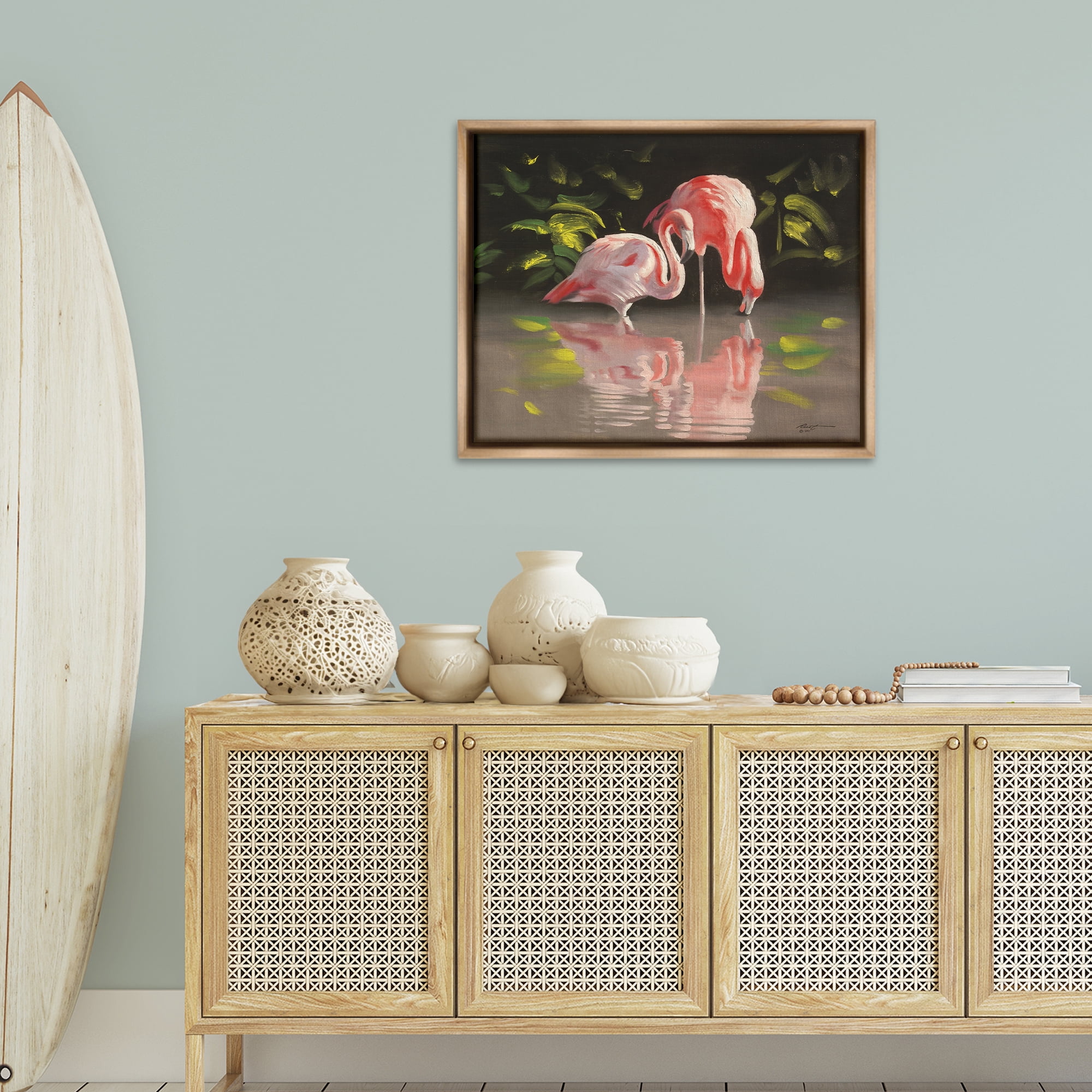Stupell Industries Flamingos with Pond Reflection Animals & Insects Painting Brown Floater Framed Canvas Art Print Wall Art, 31 x 25