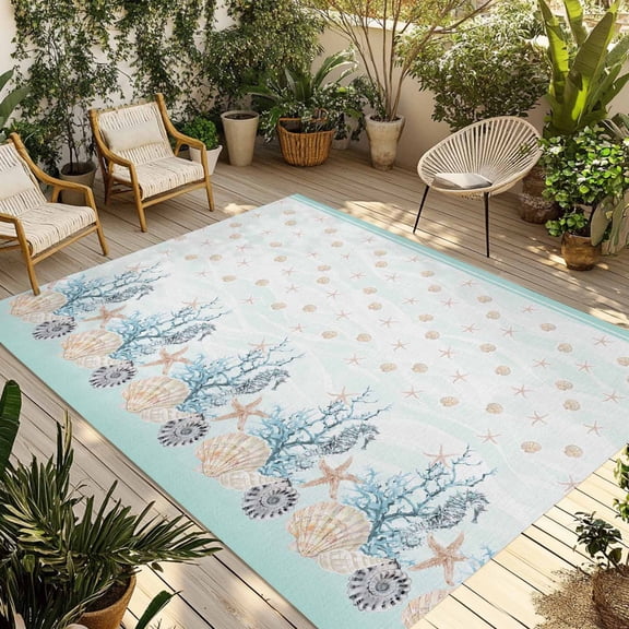 Aqua Coastal Shell Outdoor Rug 3x5 Ft - Reversible Patio Rug Outdoor Camping Rugs, Nautical Coral Starfish Seahorse Washable Indoor Outdoor Area Rugs, Non-Slip Outdoor Carpet Runner for Deck/Porch