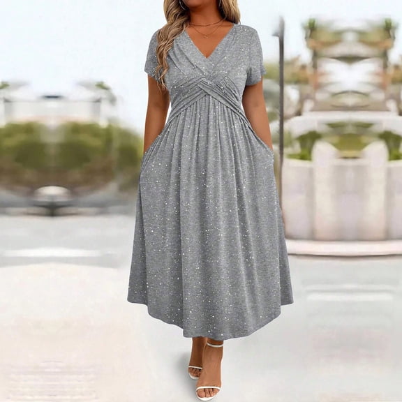 Blmnix Tent Dresses for Women Sparkly Plus Size Petticoat Gray Short Sleeve V-Neck New Years Eve Dress Women,S