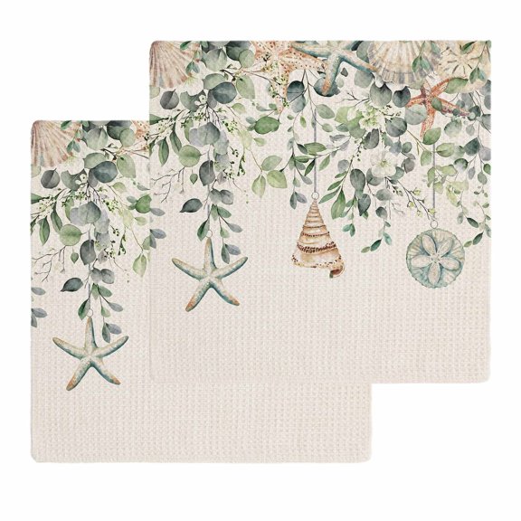 Green Coastal Kitchen Dish Towels for Drying Dishes Set of 2, Eucalyptus Leaves Summer Beach Starfish Rustic Waffle Weave Microfiber Hand Tea Bathroom Towels Quick Dry & Absorbent Towel 12x12
