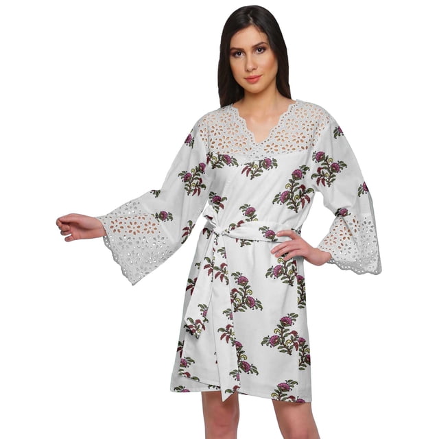 Moomaya Cotton Robe Plus Size Women Dressing Gown Printed Nightwear With Lace