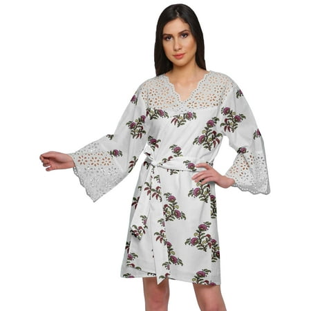 

Moomaya Cotton Robe Plus Size Women Dressing Gown Printed Nightwear With Lace