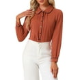 thumbnail image 1 of BLUSA CHIC para Mujeres con Cuello Peter Pan, Manga Abullonada, Con Trimming en Contraste, Camisa de Botones S Marrón, 1 of 6