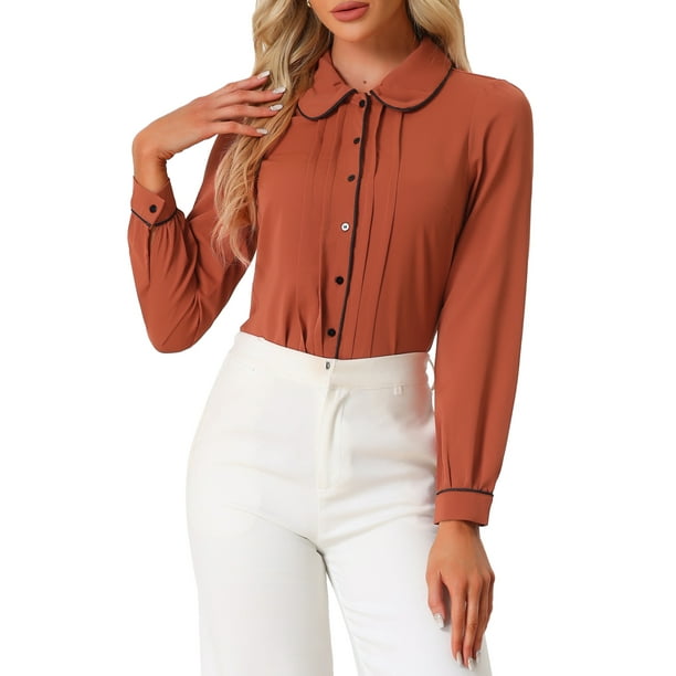 BLUSA CHIC para Mujeres con Cuello Peter Pan, Manga Abullonada, Con Trimming en Contraste, Camisa de Botones S Marrón