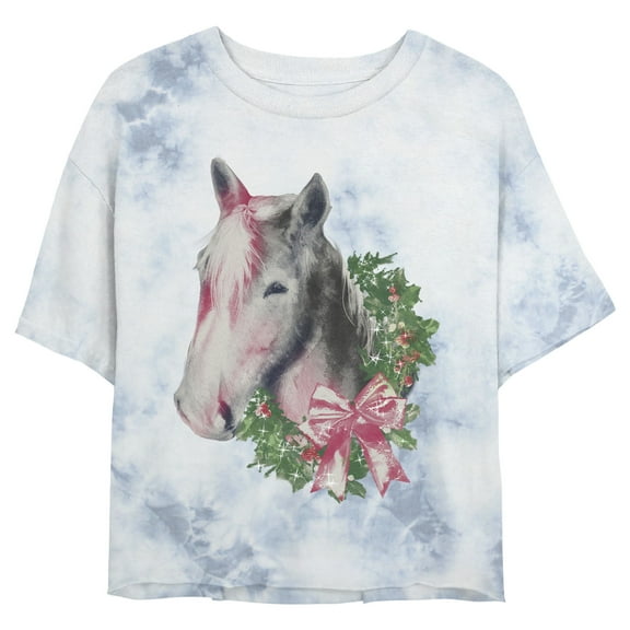Junior's Lost Gods Christmas Wreath Horse Bow Graphic Crop T-Shirt White/Blue Medium