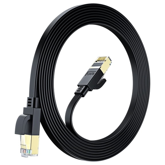 Cat 8 Ethernet Cable 15 ft, Flat Cable with Gold-Plated RJ45 Connector, LAN Internet Cable, Network Cable for Modems, Routers, High Speed, Black