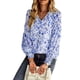 thumbnail image 1 of Blusa de mujer de manga larga escote en V encaje empalmado estampado floral encantadora camisa femenina para el trabajo en casa azul S, 1 of 8