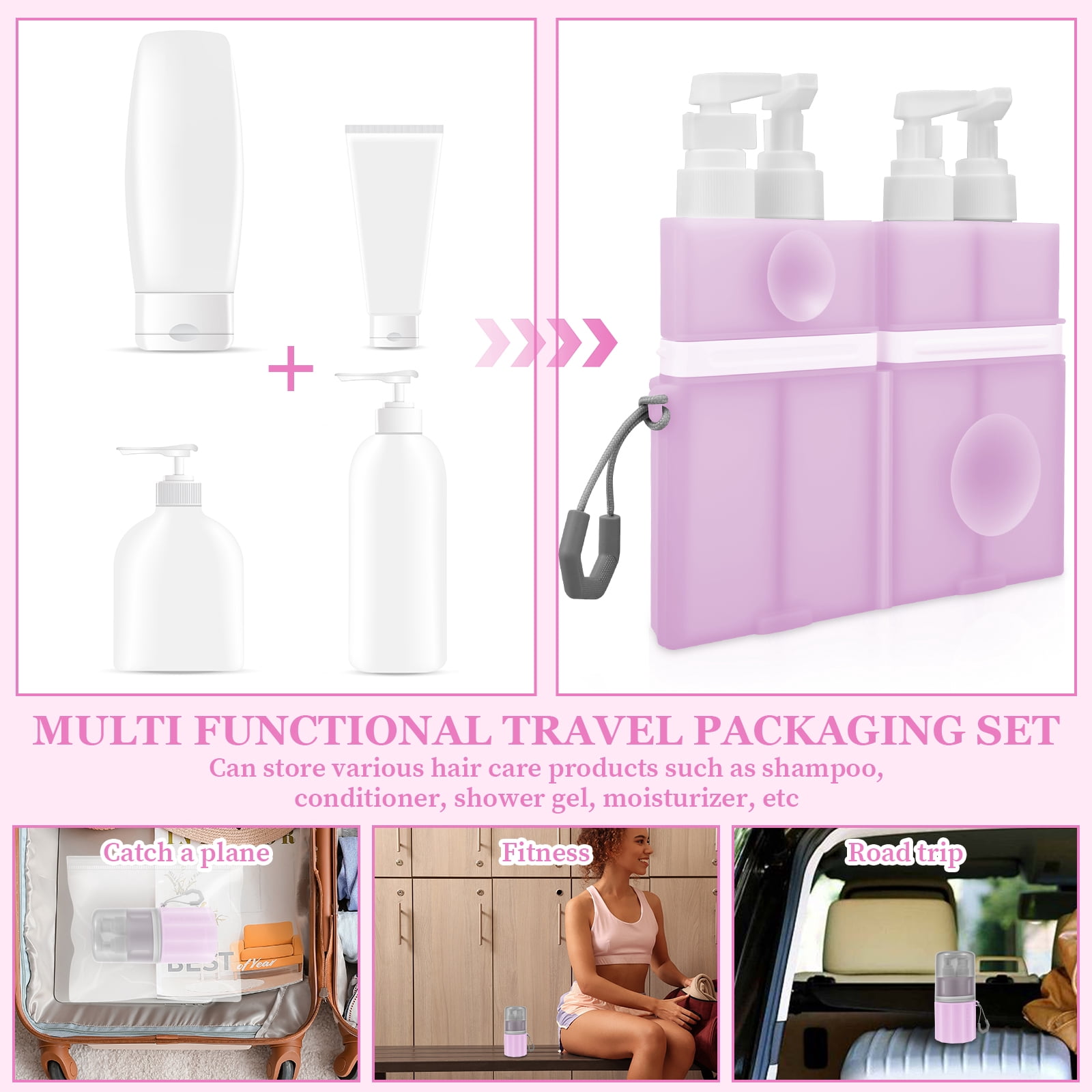NUAHRHY 4-in-1 Travel Toiletry Container, 4 2Oz Leak Proof Travel Bottle Set with Suction Cup for Smooth Wall, Portable Refillable Dispenser Bottle for Shampoo Conditioner Body Wash Lotion