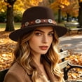 thumbnail image 2 of XIAOCHA Womens Metal‑Concho Fedora Hat Solid Wide‑Brim Hat Western Cowbaby Festival Hat,Coffee, 2 of 4