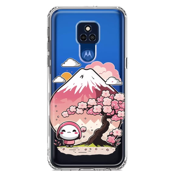 MUNDAZE Motorola Moto G Play 2021 Shockproof Clear Hybrid Protective Phone Case Kawaii Manga Pink Cherry Blossom Fuji Mountain Mochi Girl Cover