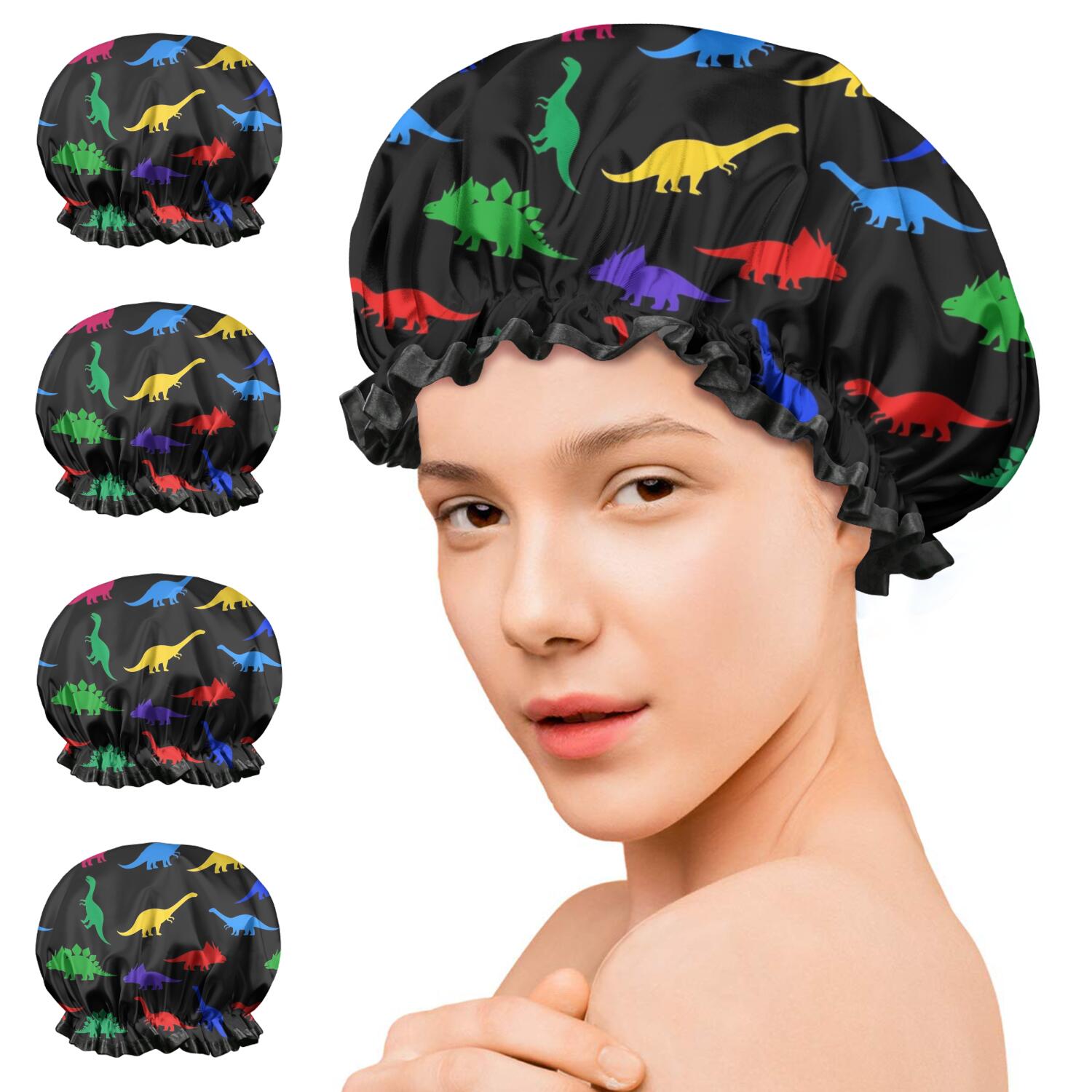 Shower Caps,Black Cartoon Dinosaurs Colorful Silhouettes Pattern Waterproof Shower Cap for Women 4 Pieces,Double Reusable Hair Cover for Shower PEVA Elastic Stretch Hem