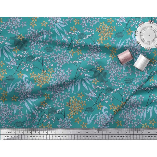 Soimoi Green polyester Crepe Fabric Leaves & Floral Hand Drawn Printed Fabric 1 Yard 42 Inch Wide