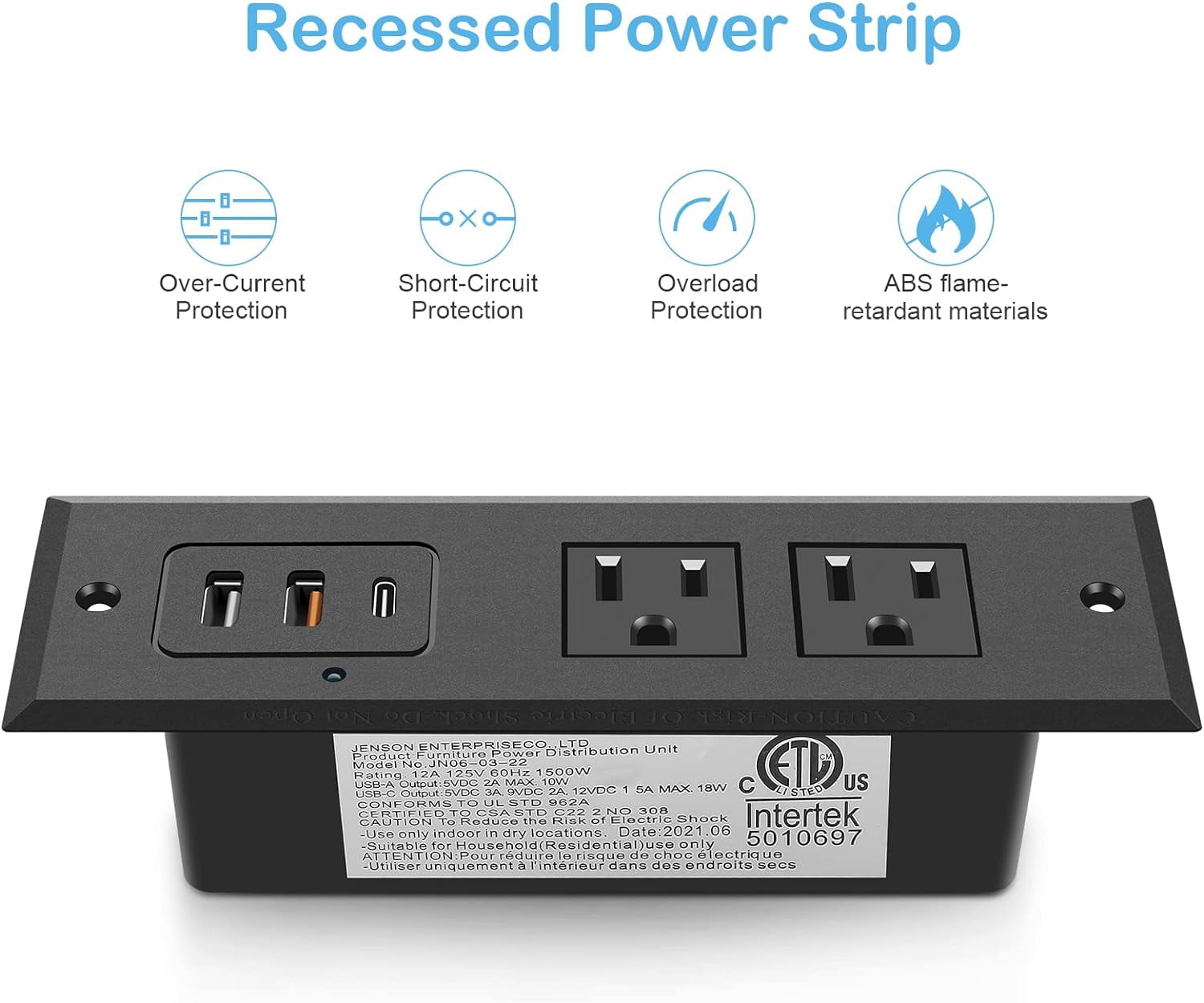 Recessed Power Strip with 20W USB C Port, Fast Charging USB A Port Desk Outlet, Furniture Hidden Charging Station for Side Table, End Table, with 6FT 45 Degree Flat Plug Extension Cord,Black