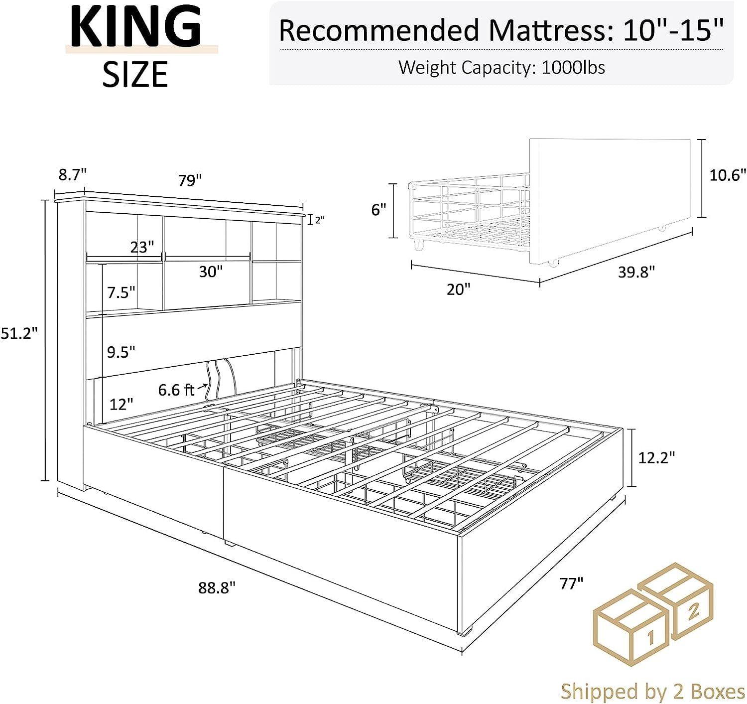 Merluxy Bookcase Headboard Bed King Size Rustic Style Wood Standard Bed, Grey