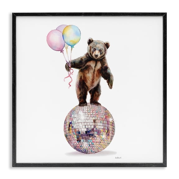 Stupell Industries Bear & Balloons Disco Animals Painting Black Framed Art Print Wall Art, 12 x 12