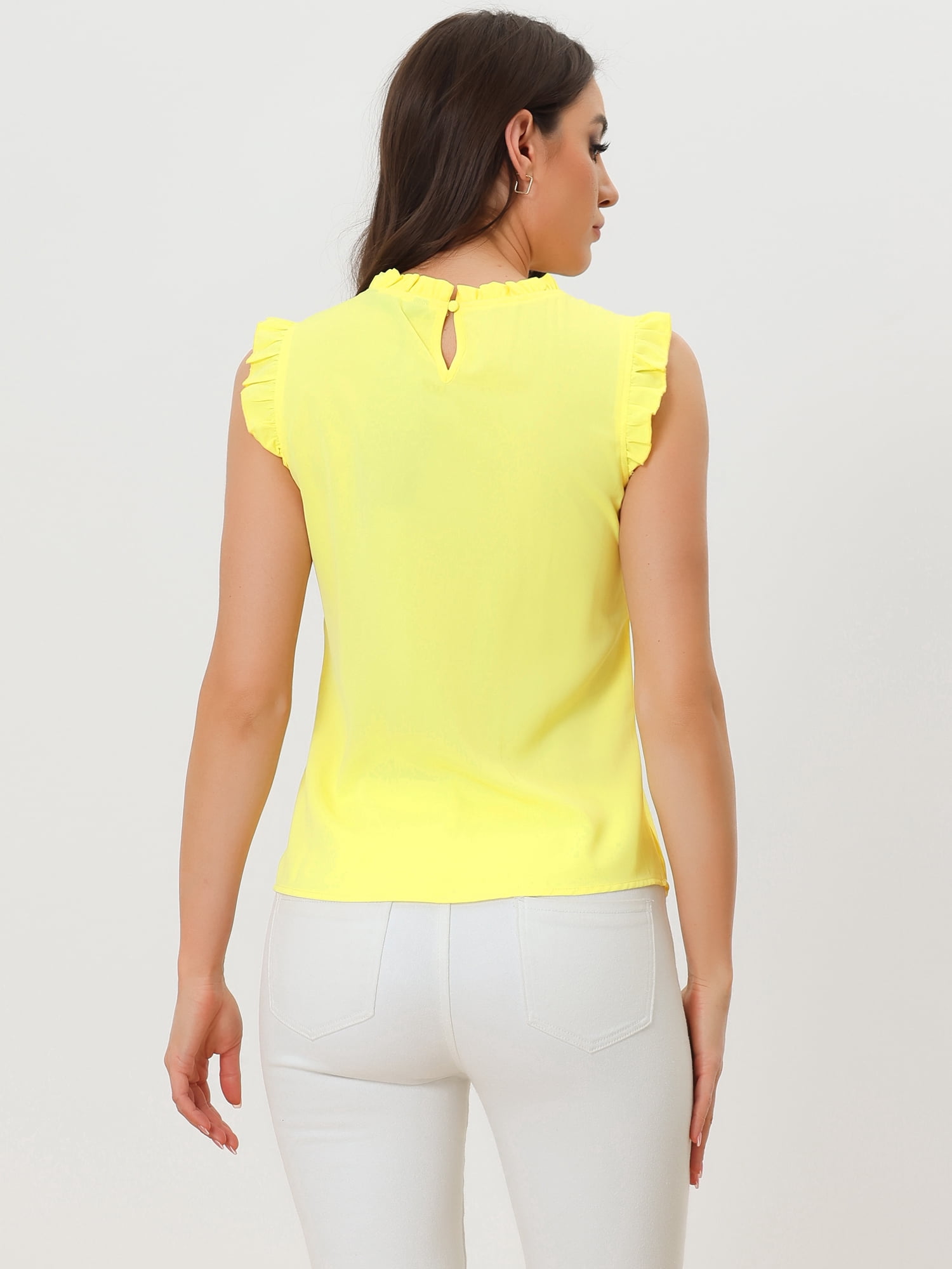 DARING DIVA Women's Ruffled Trim Pleated Plain Blouse Top XS Light Yellow