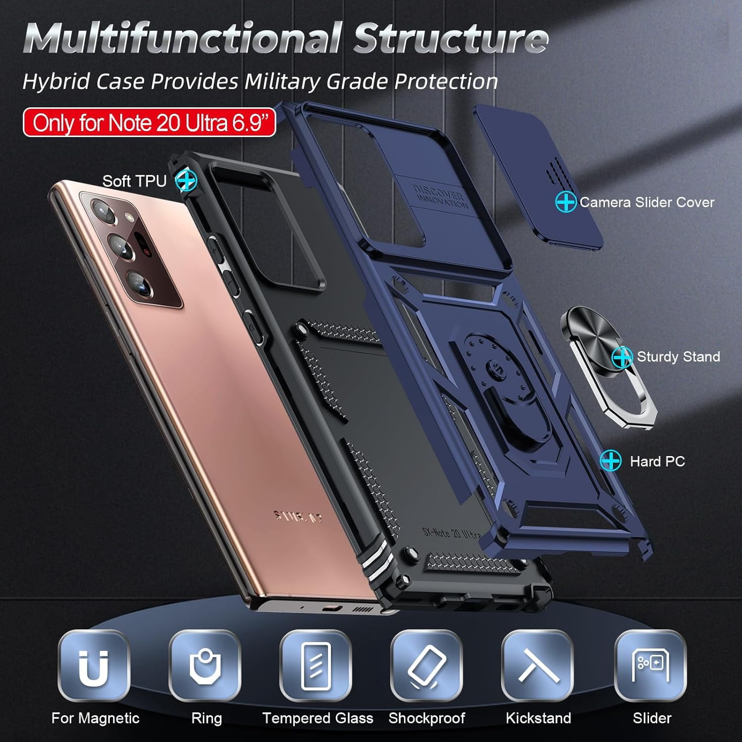 MHAWBL-for Samsung Note-20 Ultra Case: [𝐍𝐨𝐭 𝐅𝐢𝐭 𝐍𝐨𝐭𝐞 𝟐𝟎], Galaxy Note 20 Ultra Case, Heavy Duty Protective Android Note20 5G Ultra Cell Phone Case Cover with Magnetic Ring Holder Stand, B