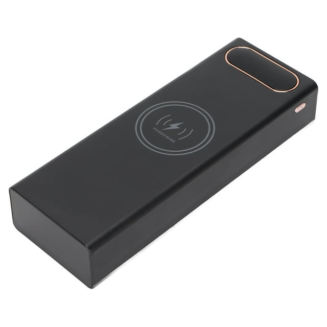 power bank, l20 standard edition cargador diy power bank power bank caja de batería tecnología innovadora Caja de batería L20 Standard Edition negra, vista 3/4 frontal; carcasa ABS rectangular alargada, símbolo de carga inalámbrica 5W centrado, panel ovalado con ribete dorado en un extremo, puerto lateral Micro‑USB/Tipo‑C visible y 2 salidas USB, diseñada para 20 baterías 18650 (no incluidas); a menudo usada como fuente portátil para cargar teléfonos móviles.