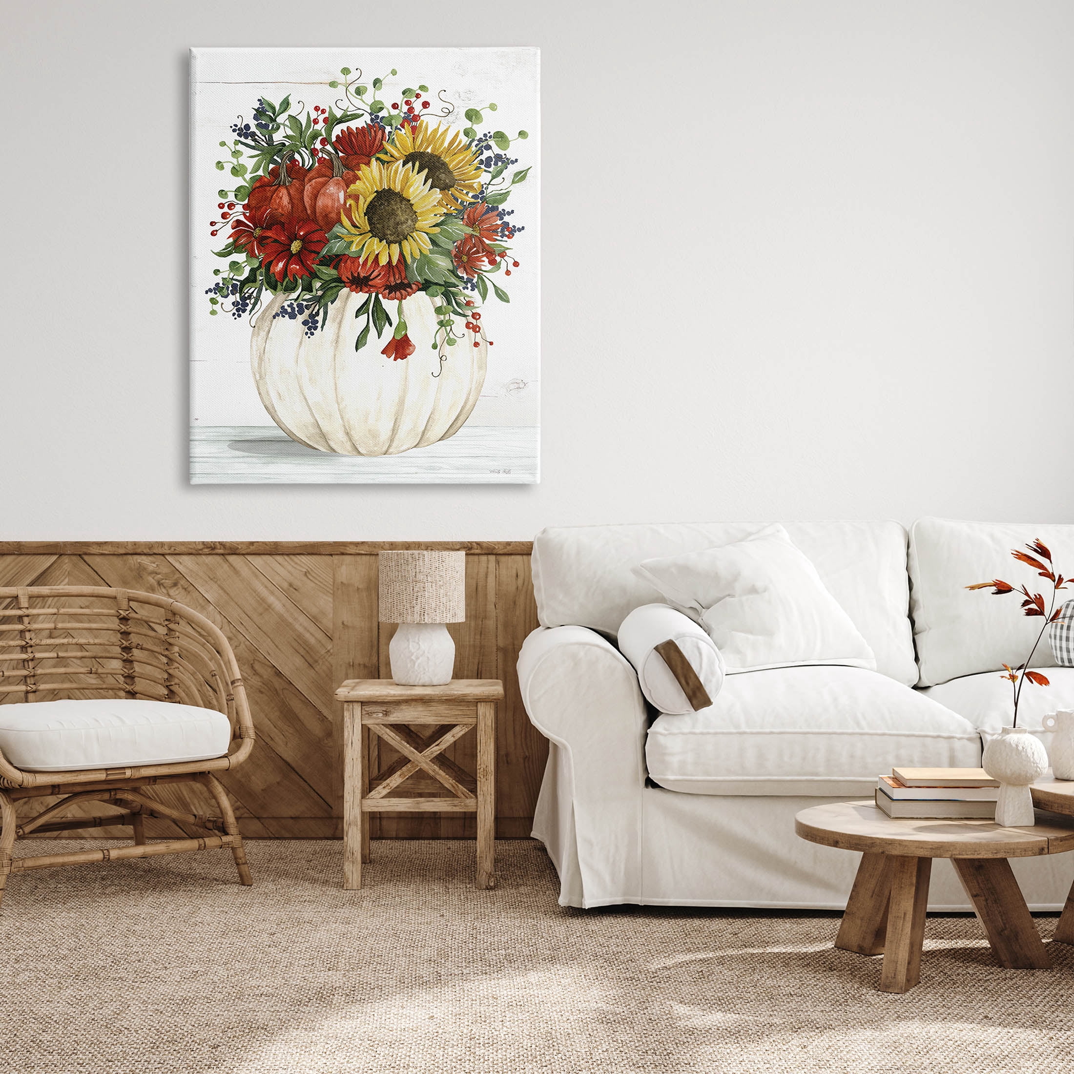 Country Sunflower Pumpkin Bouquet Botanical & Floral Graphic Art Gallery Wrapped Canvas Print Wall Art