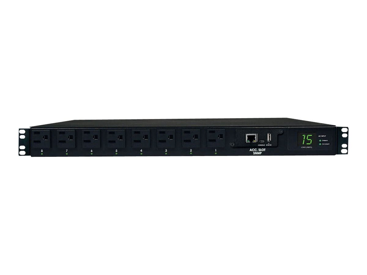 Tripp Lite PDU Switched ATS 120V 15A 5-15R 8 Outlet 2 5-15P Horizontal 1URM - 2 12ft Cords, 1U Rack-Mount, TAA"