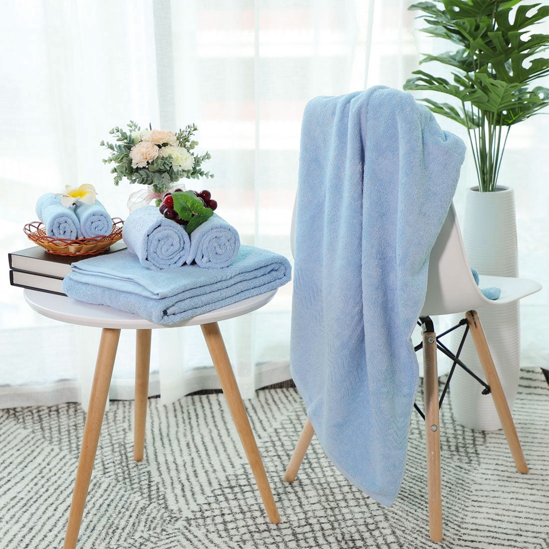 Unique Bargains Soft Absorbent Cotton Plush Bath Hand Towel Set 6 Pieces, Light Blue
