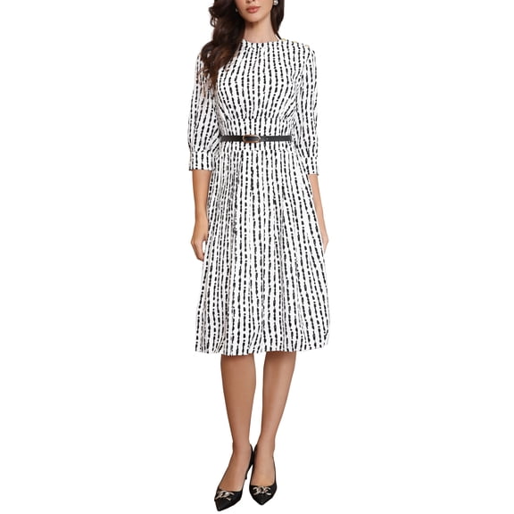 INSPIRE CHIC Pleated Dress for Women's Puff Half Sleeve Crew Neck Casual A-Line Dresses XS White