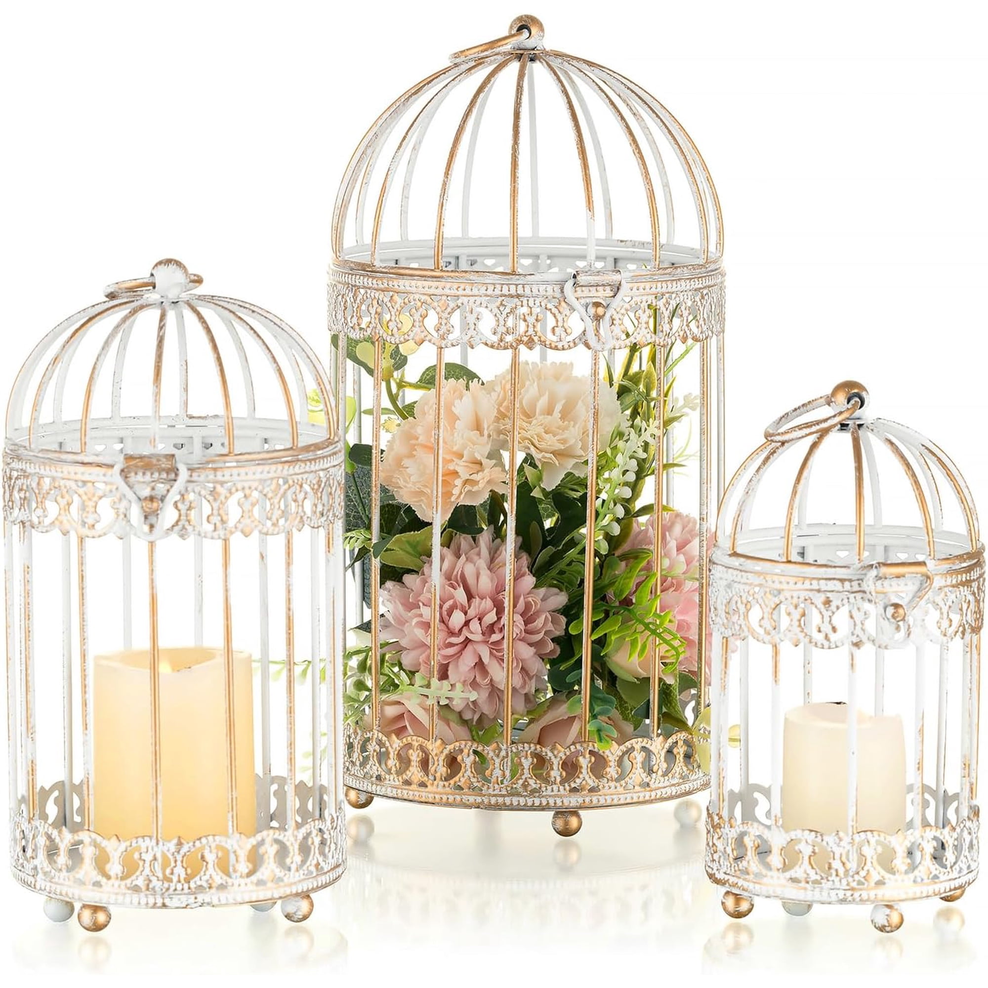 White, Distressed White Metal Bird Cage