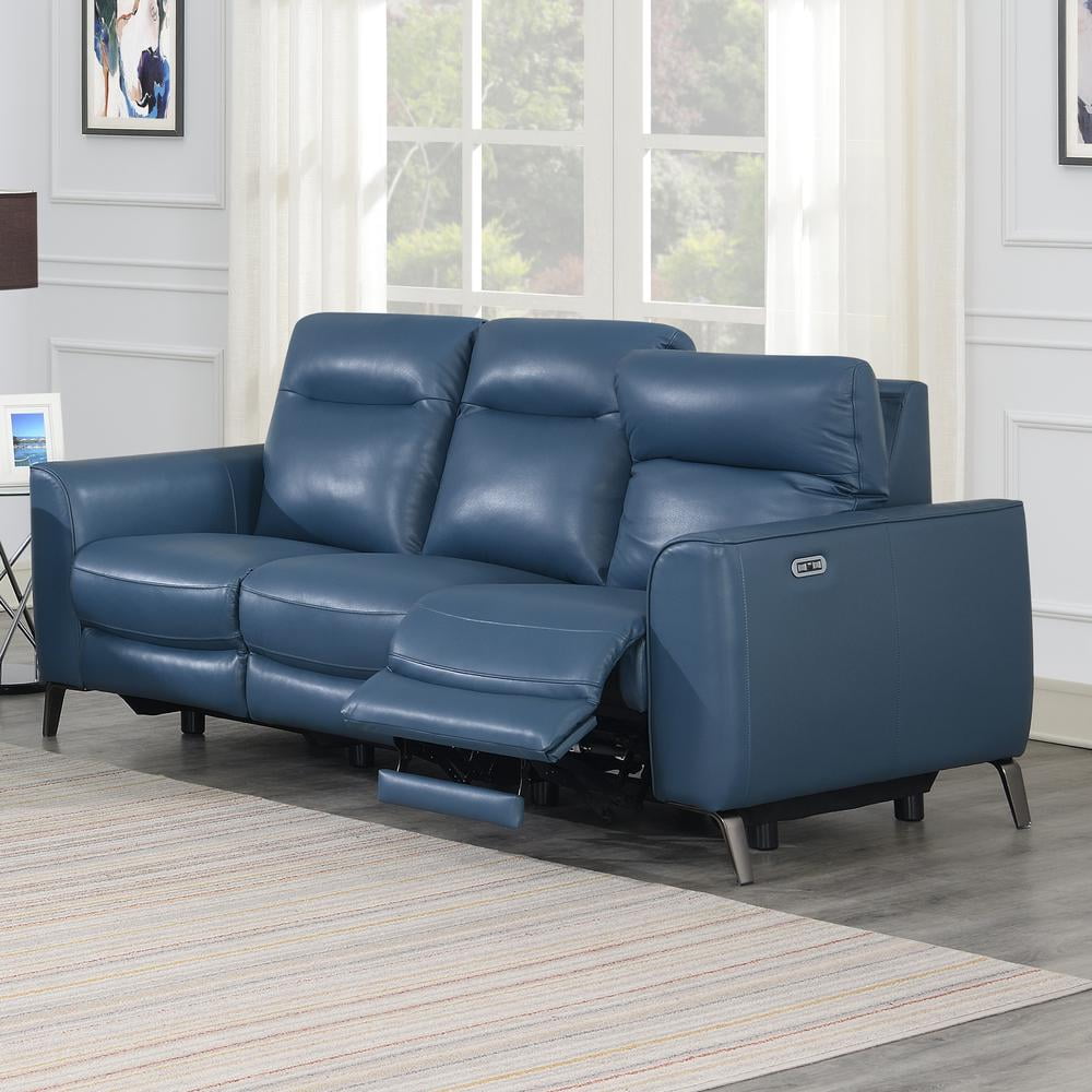 Blue leather reclining online sofa