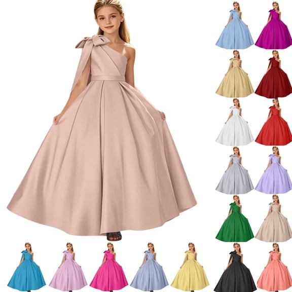 Iyufng Girls Solid Color Satin Summer Ball Gown Off Shoulder Long Bow Tied Princess Dress