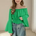 thumbnail image 2 of Posijego Girls Blouses Bell Long Sleeve Crop Tops Elastic Round Neck Smocked Waist Casual Beach Shirts for Big Girls, 2 of 8