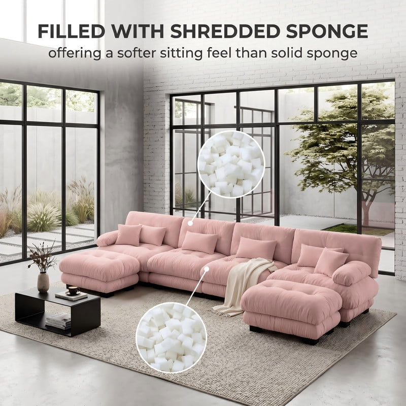 ANPPORT Cloud Couch Sleeper Sofa, Chenille Pink 4-Seater Modular Sofa with 2 Ottomans, 4 Lumbar pillows, 2 Pillows, Comfy Deep Seat Cloud Sofa, Convertible L-Shaped Floor Couch for Living Room