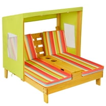 Topbuy Kids Patio Double Chaise Lounge Outdoor Wooden Recliner w/Canopy & Cup Holder