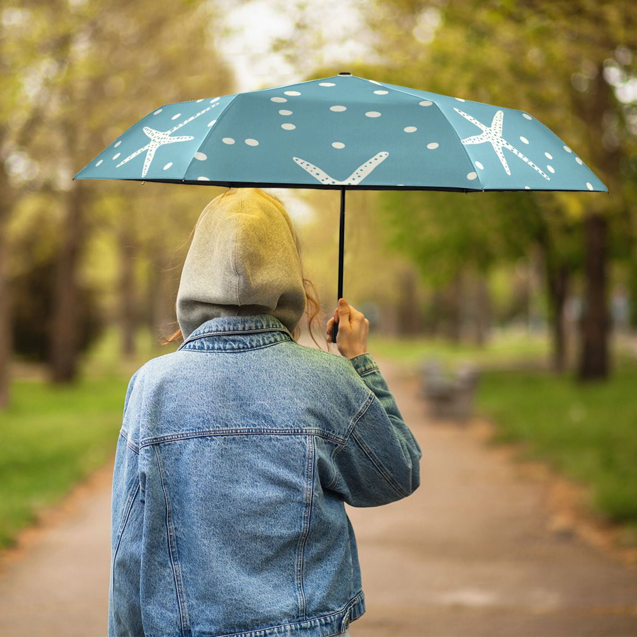 ALAZA Starfish Polka Dot UPF 50+ Compact Folding Umbrella for Rain Travel Umbrella Packable