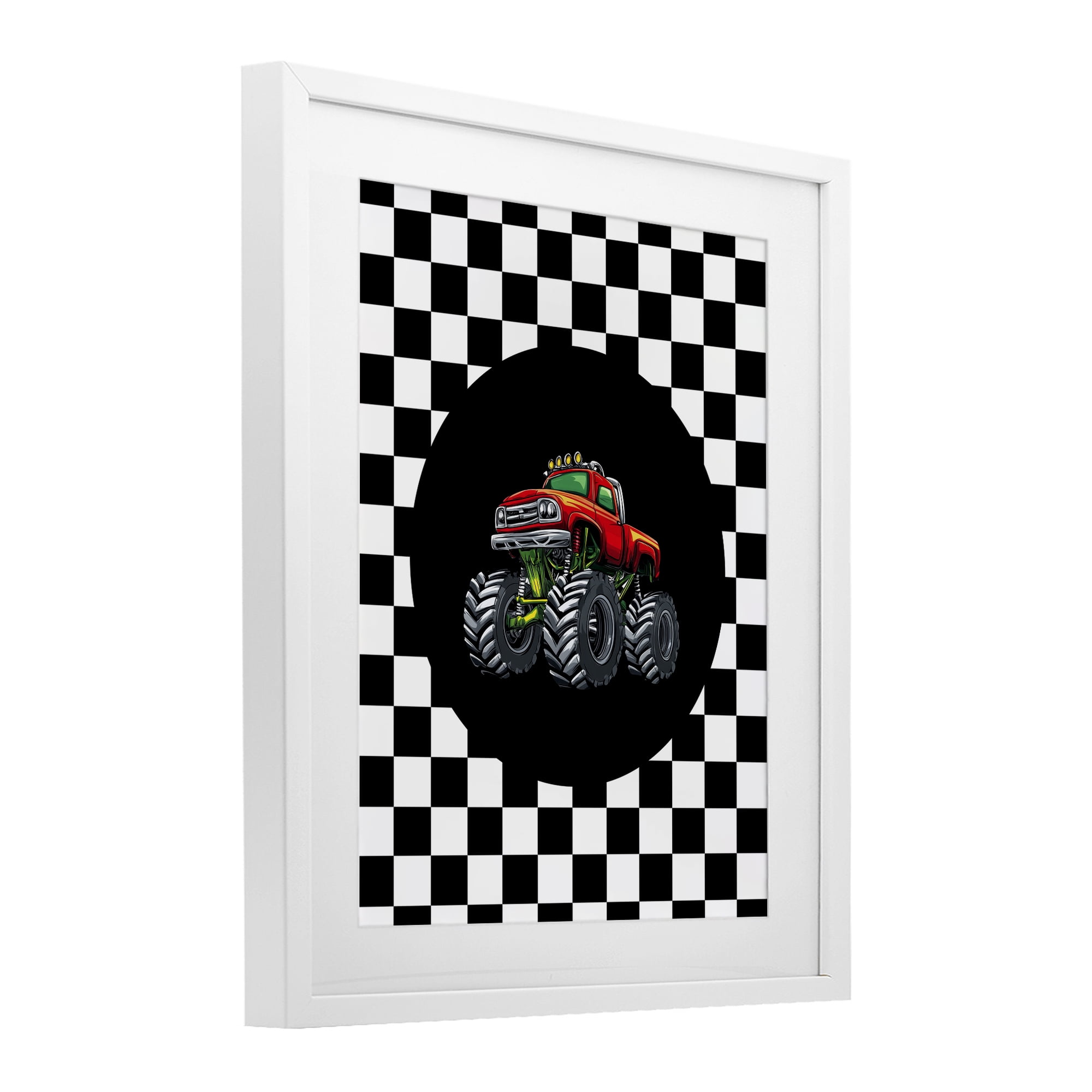 Monster Truck Dude White Framed Print Under Glass, design by Kim Allen