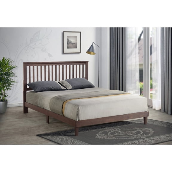 Mission Style Wood Queen Size Platform Bed Frame with Slatted Headboard, Brown