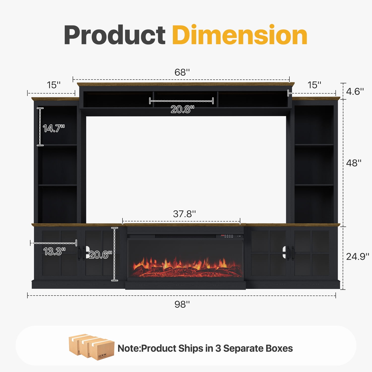 Sonegra 98" Farmhouse Entertainment Center with 36" Fireplace, TV Stand, Bookshelf, Cabinet, Fits TVs up to 75", Media Console with Power Outlets and Barn Doors for Living Room, Black