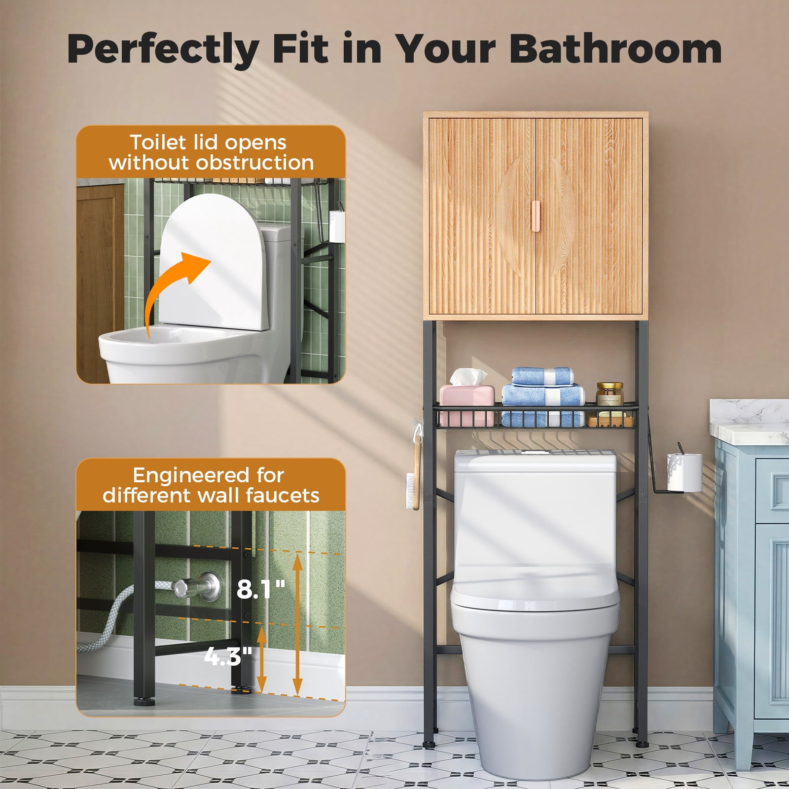 Biemlerfn Over the Toilet Storage Cabinet, Bathroom Storage Organizer with Adjustable Shelf, Toilet Paper Holder & Hooks, Freestanding Space Saver, Natural