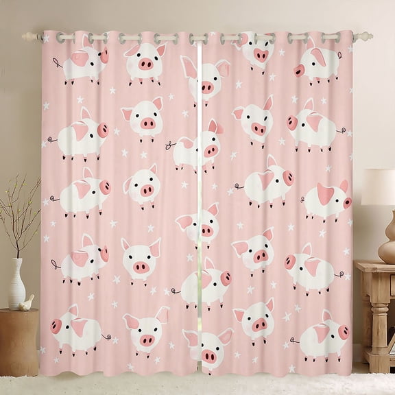Feelyou Kawaii Pink Pig Black Out Curtains for Kids, Cute Farm Animal Curtains Pack of 2 (42x63 Each), Cartoon Stars Print Bedroom Curtains, Blackout Curtains Bedroom Decor