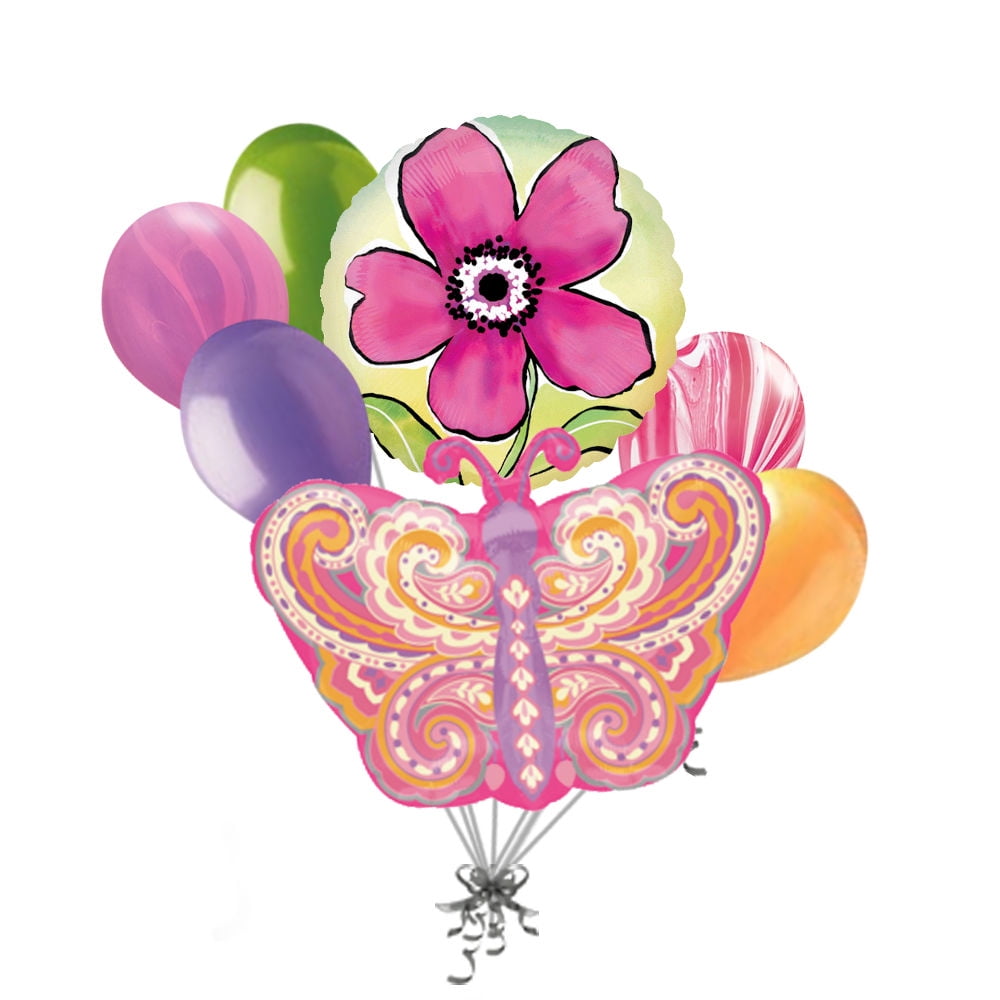 7 pc Paisley Pink Butterfly Balloon Bouquet Decoration Baby Shower Birthday Girl