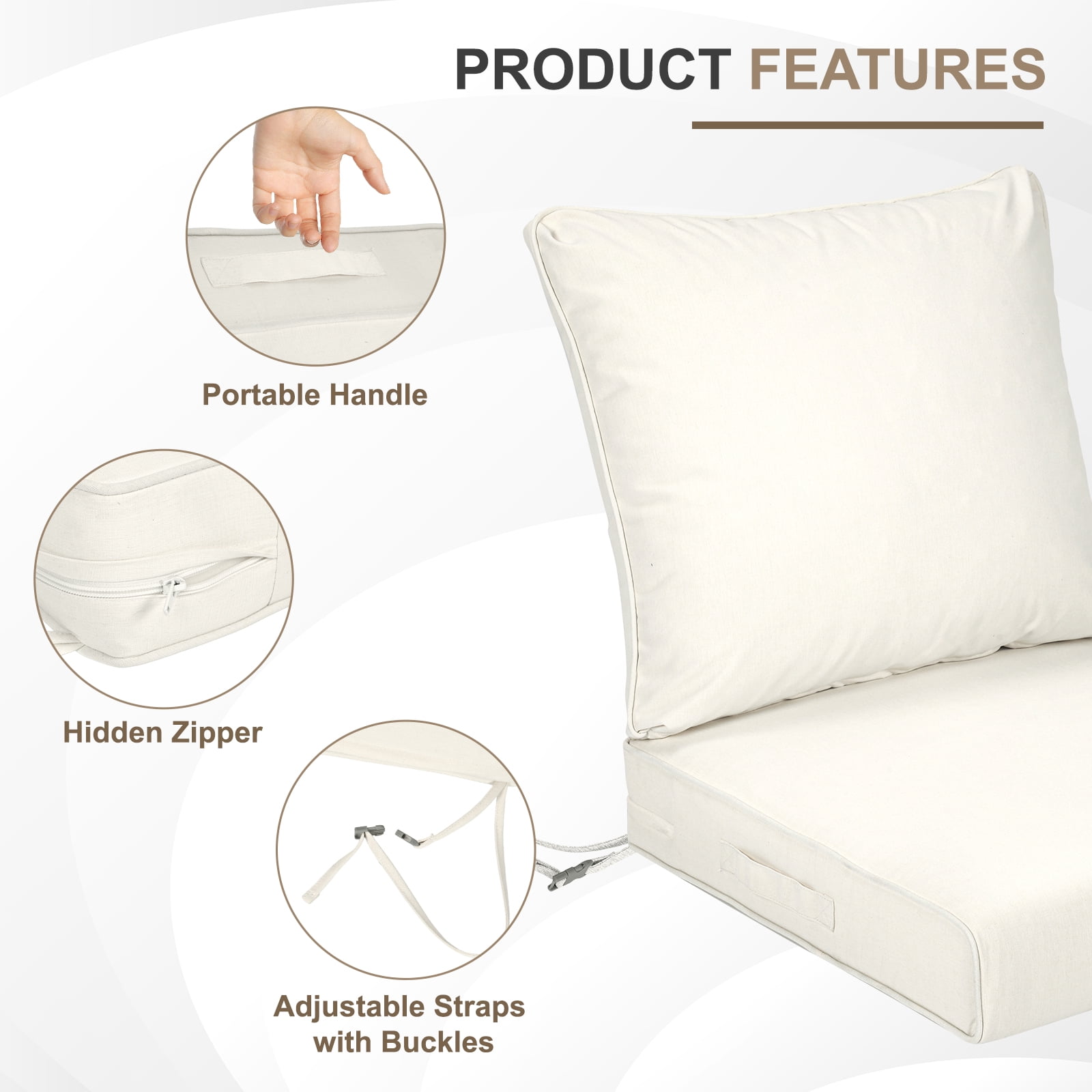 BPS 19x19 Inch Outdoor Deep Seat Cushion Set, Waterproof Patio Furniture Cushions with Adjustable Straps & Removable Cover for Patio, Deck, or Garden, Ivory White