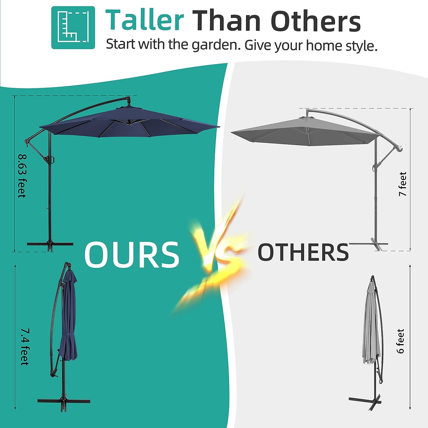 Sobaniilo Patio Offset Umbrella w/Easy Tilt Adjustment, Crank and Cross Base, Outdoor Cantilever Hanging Umbrella with 8 Ribs, 95% UV protection and Waterproof Canopy, Navy Blue